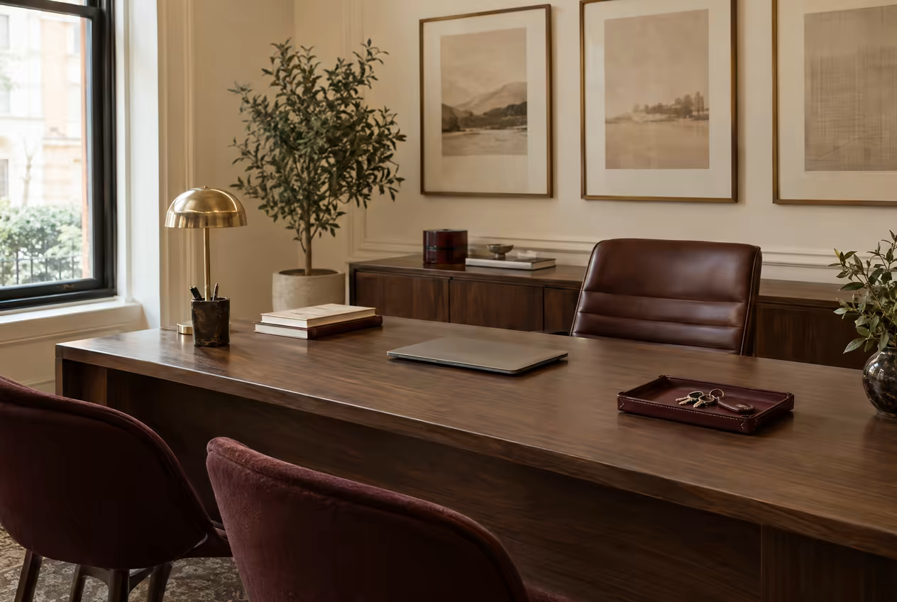 The agency office with a walnut desk and a set of keys