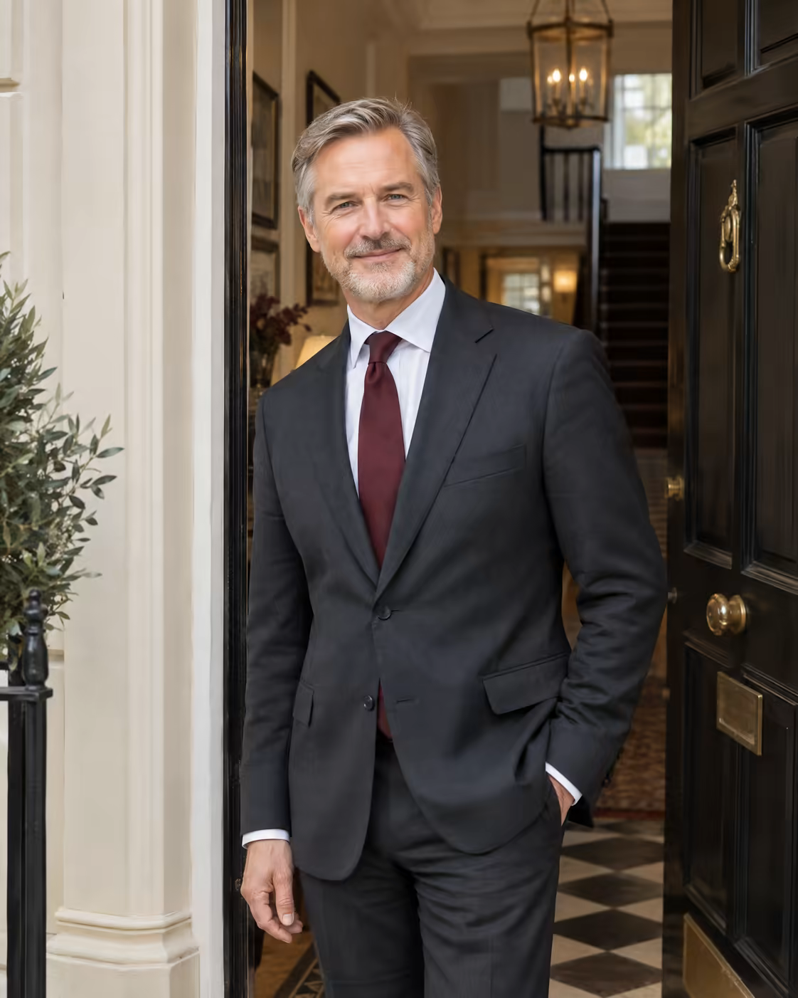 A senior agent in the doorway of a period townhouse