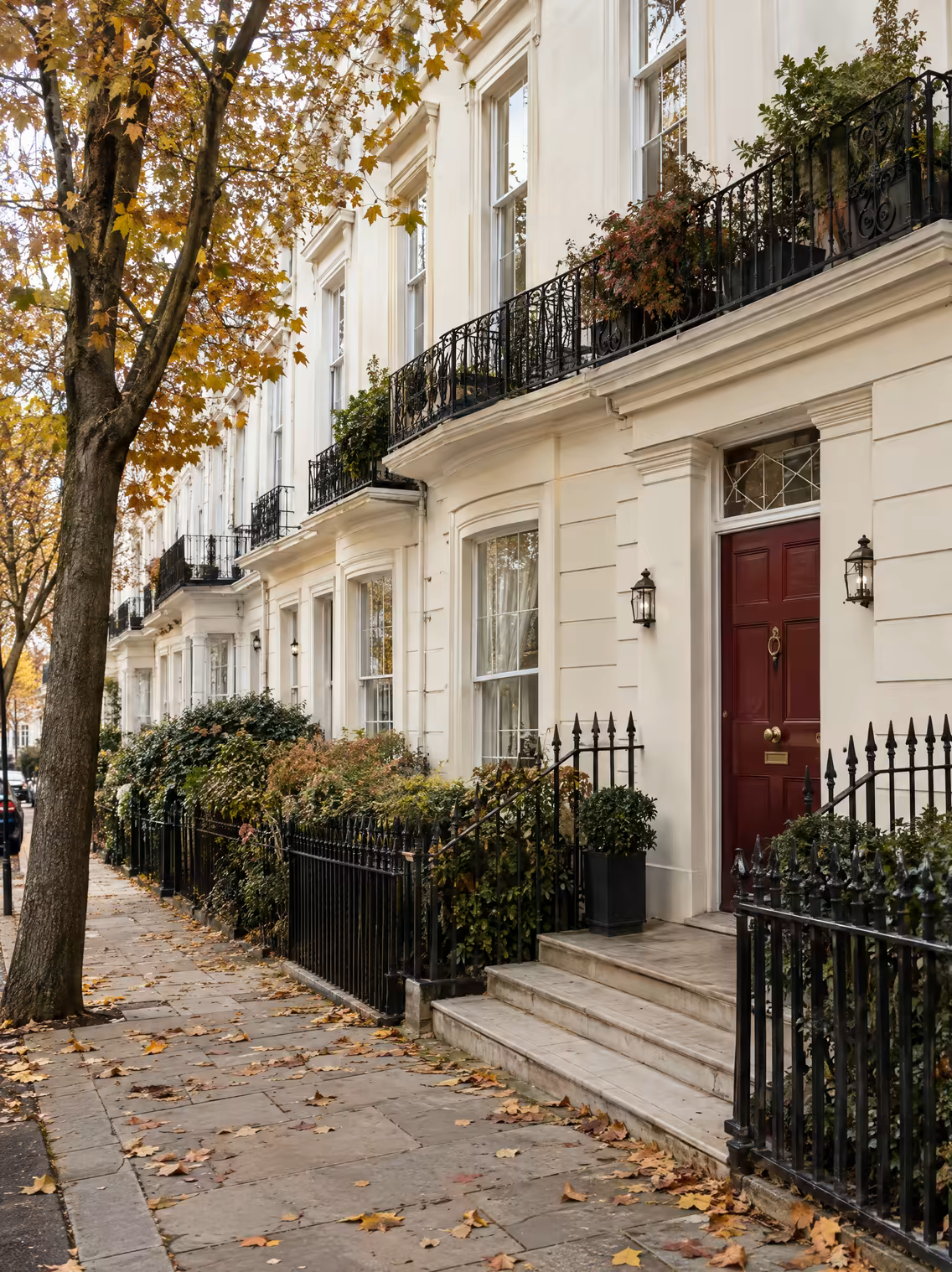 A quiet street of ivory period townhouses