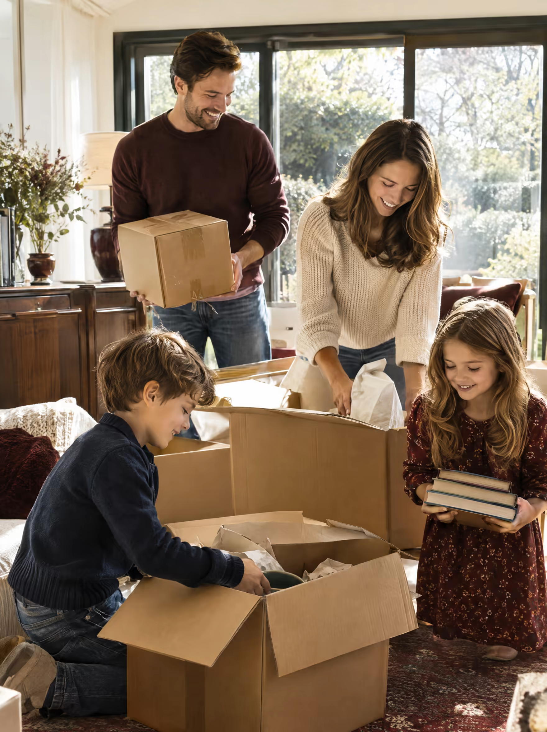 A family unpacking boxes in the garden room of their new home