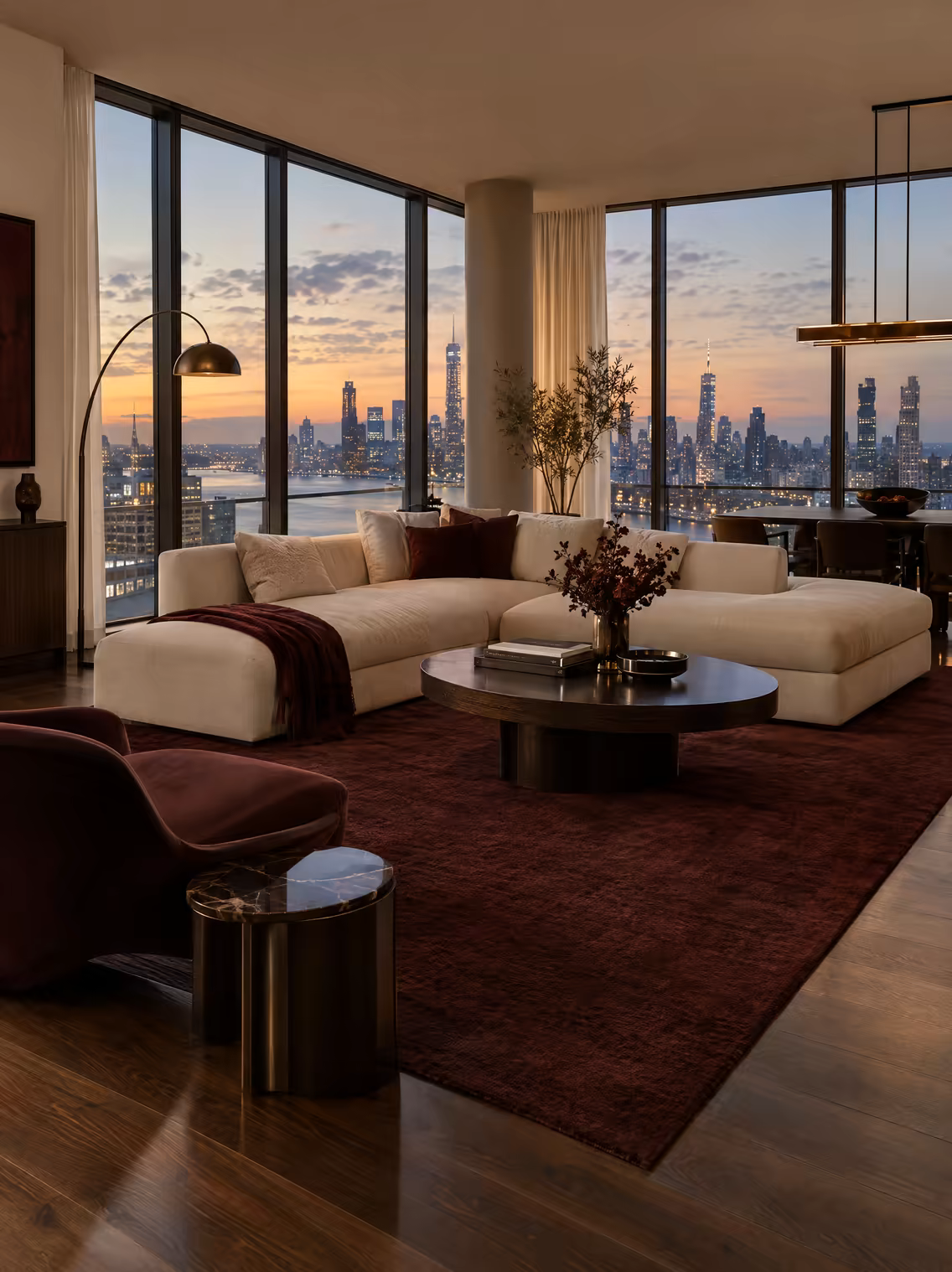A modern penthouse apartment at dusk
