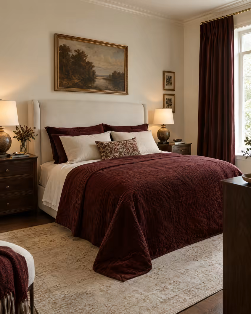 Master bedroom with an ivory headboard and bordeaux bedspread
