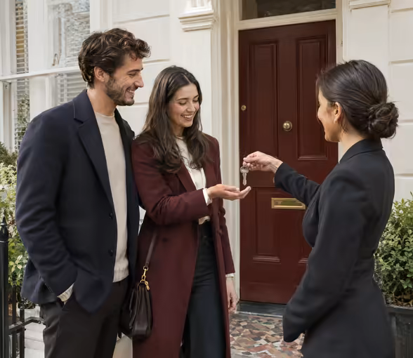 A young couple receiving keys on the front step of their new home