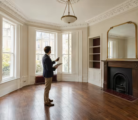 An agent measuring an empty period room with tall windows