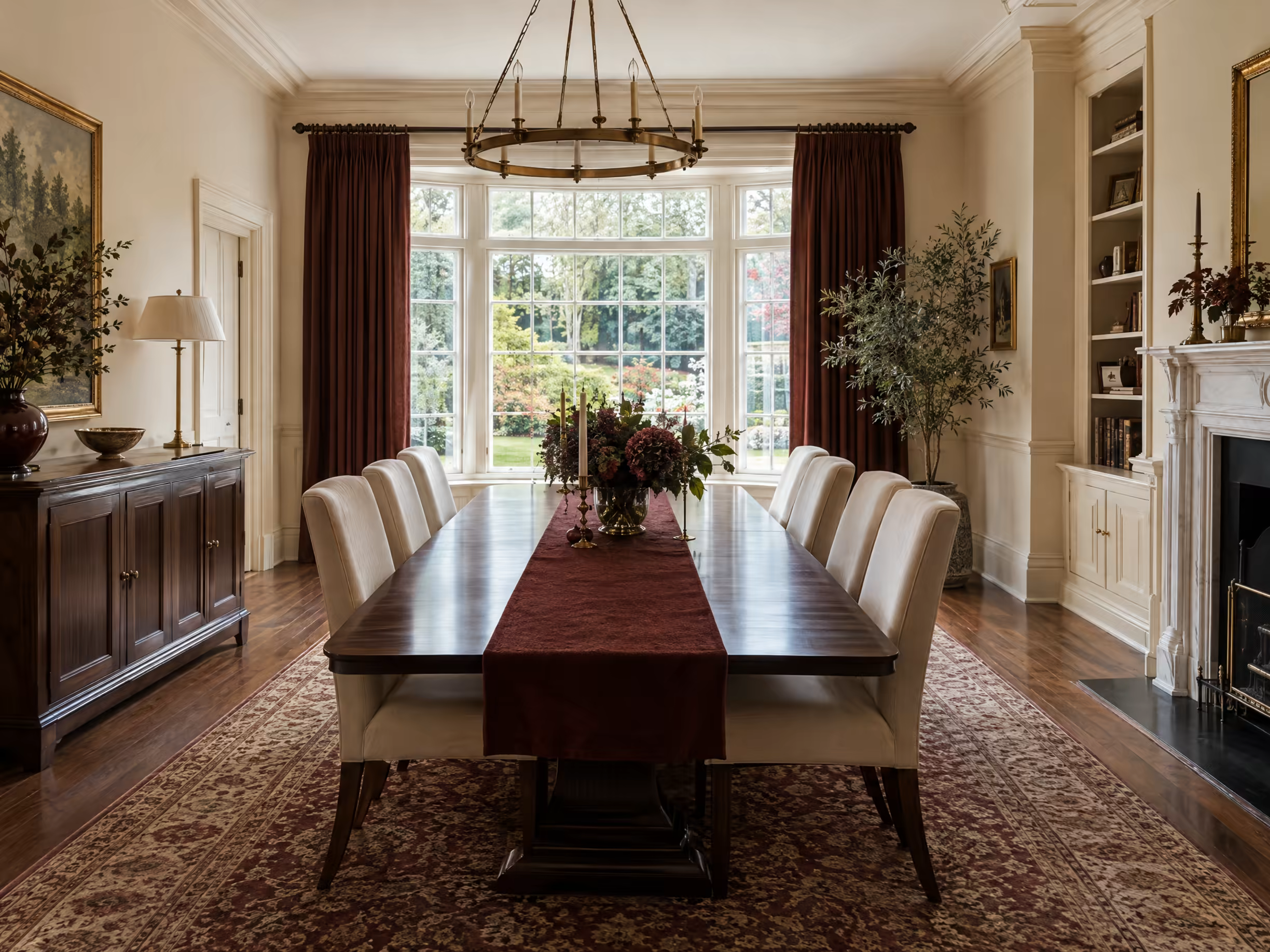 Elegant dining room in a sold period home with a long walnut table
